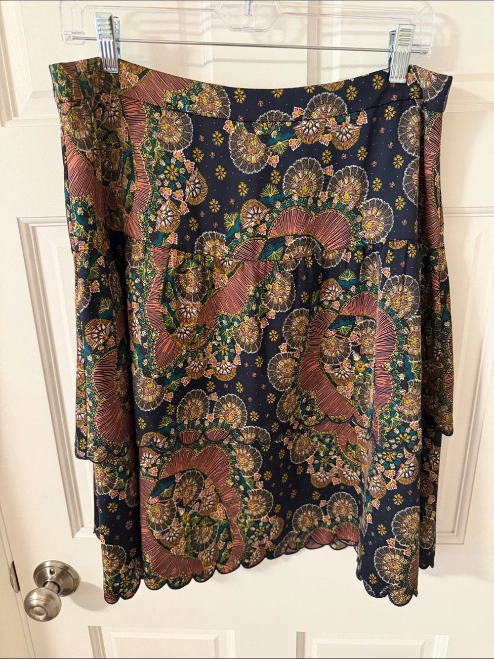 J. Crew Point Sur Tiered Scalloped Hem Midi Skirt in Paisley Satin Crepe Size 12
